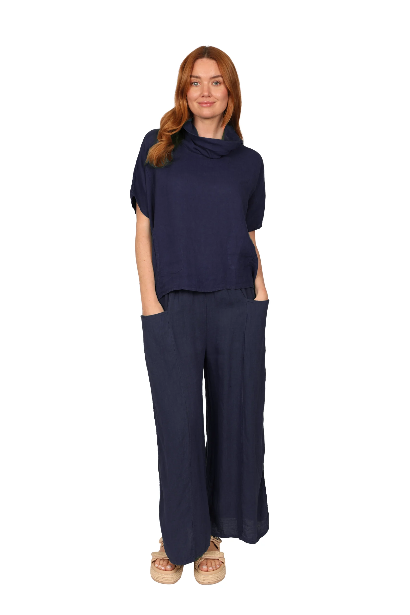 DIANTHA - Womens Linen Top in Navy front - made in Italy