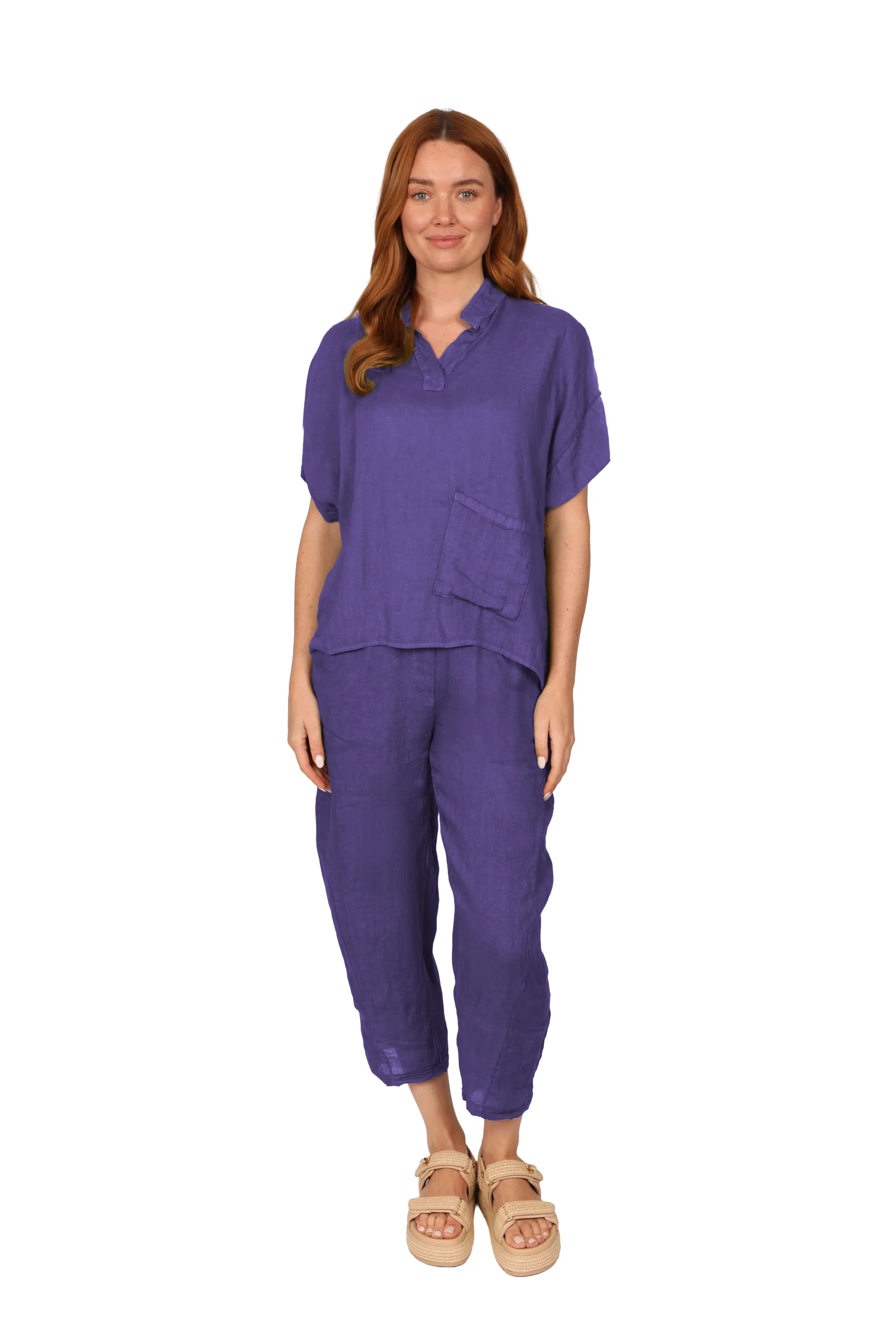 Alyssa - Womens Linen Top in Blue Bell front - made in Italy