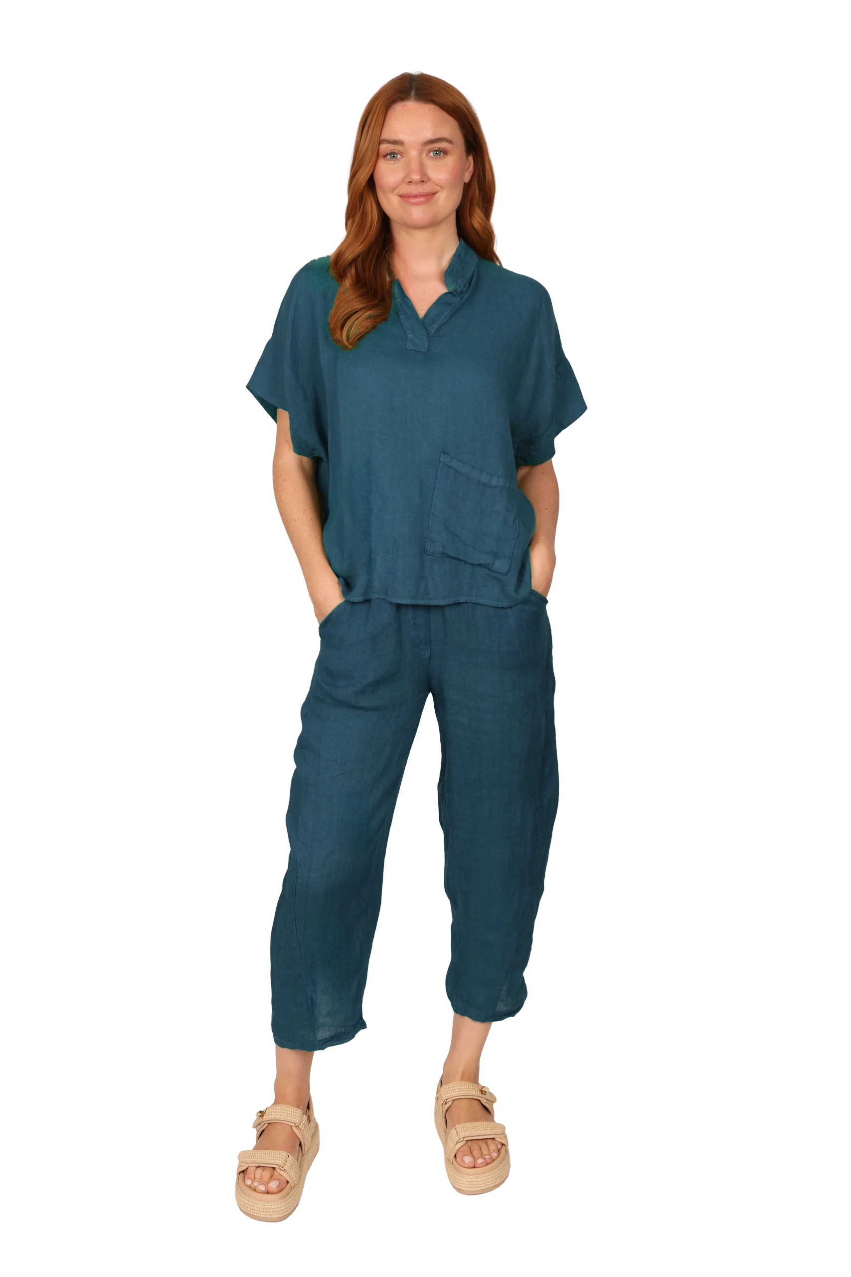 Alyssa - Womens Linen Top in Teal front - made in Italy