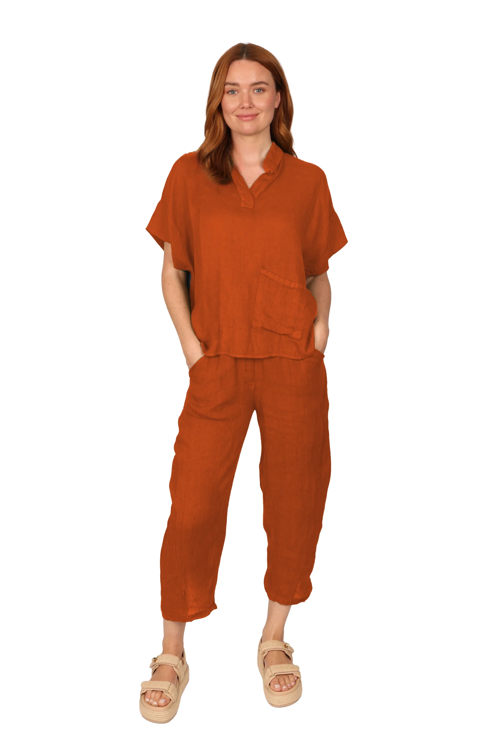 Alyssa - Womens Linen Top in Terracota front - made in Italy