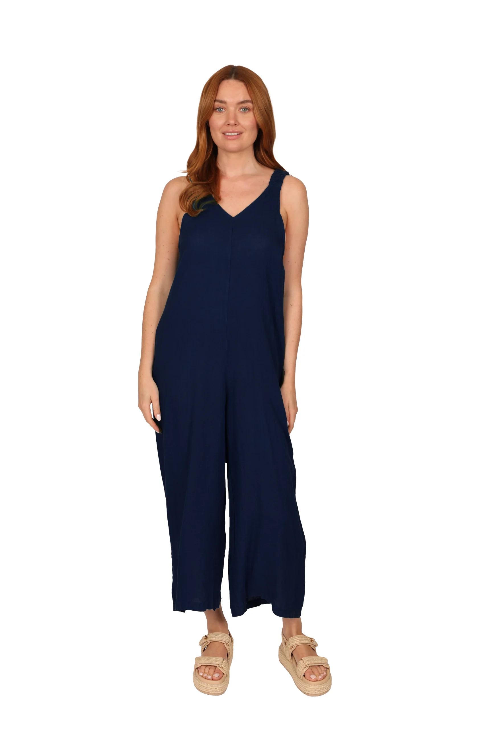 SOMA Linen Jumpsuit - Womens Linen Dungaree in Navy front - made in Italy