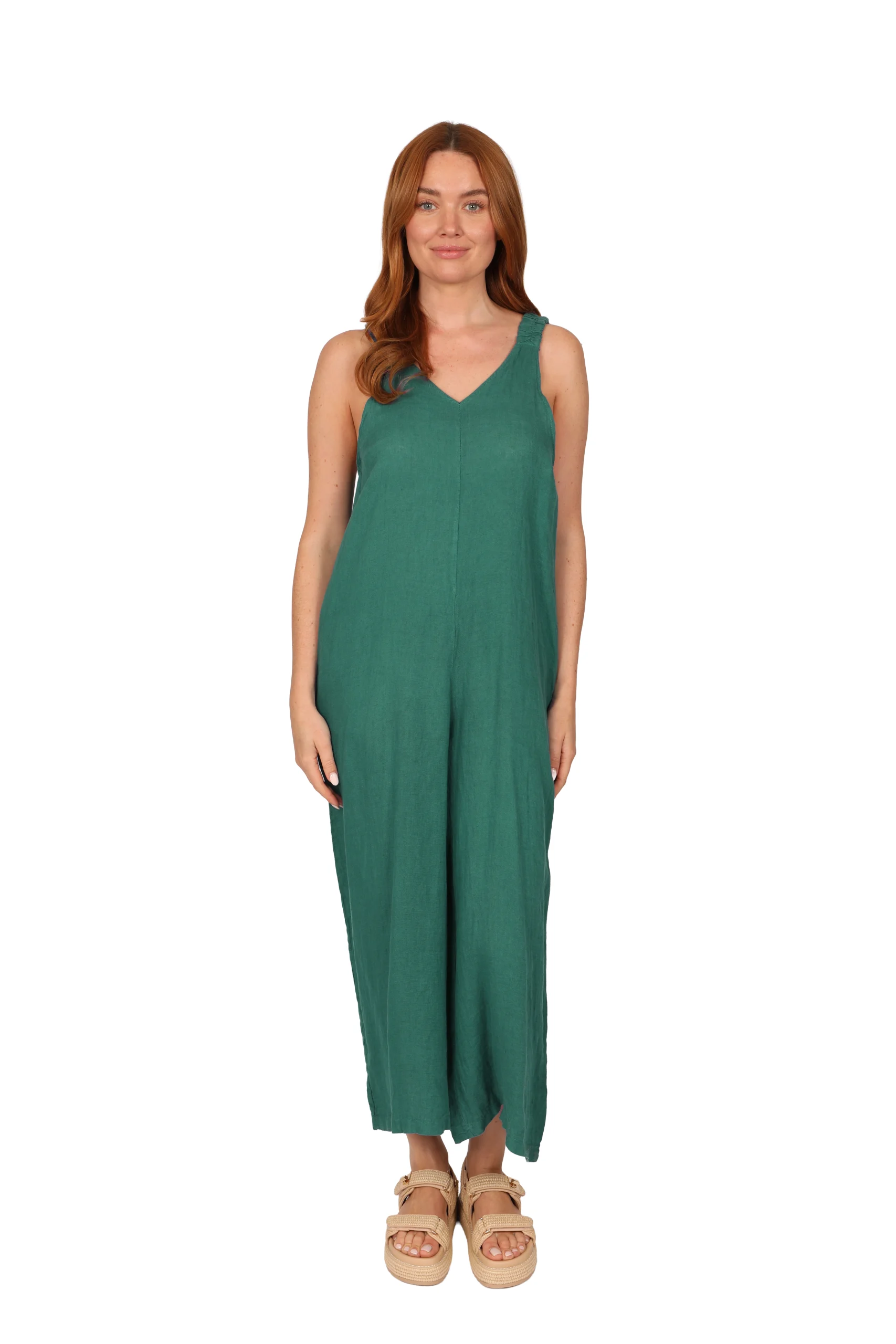 SOMA Linen Jumpsuit - Womens Linen Dungaree in Deep Sea Green front - made in Italy