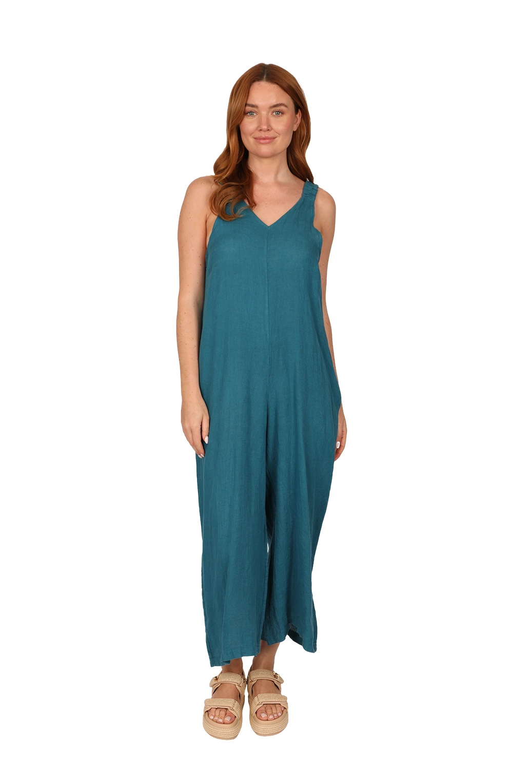 SOMA Linen Jumpsuit - Womens Linen Dungaree in Teal front - made in Italy