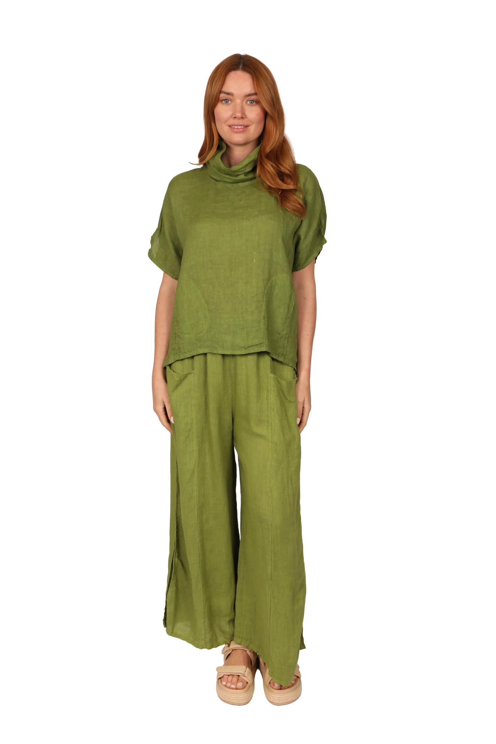 FLEUR Trouser - Womens Linen Trouser in Kiwi front - made in Italy