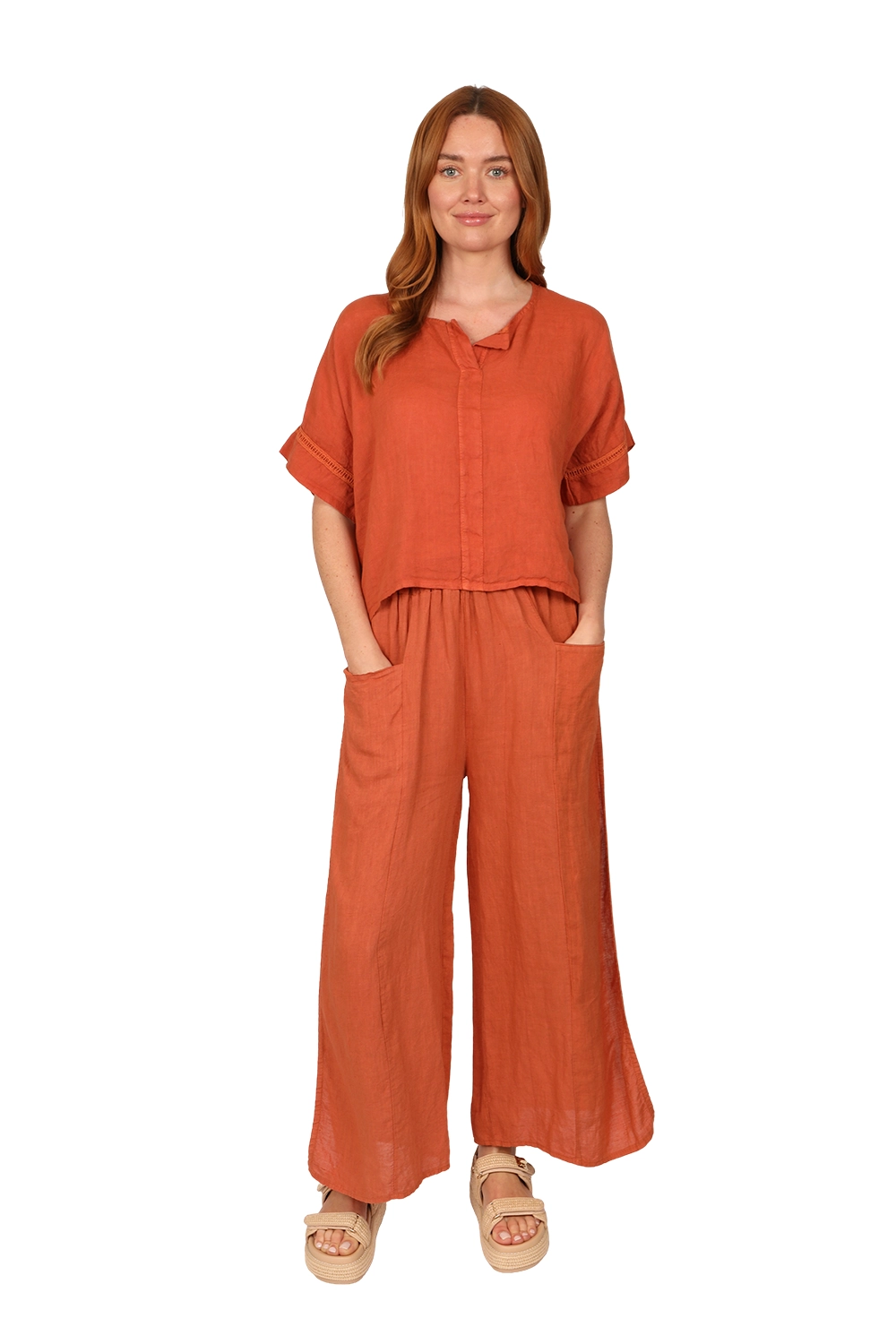 FLEUR Trouser - Womens Linen Trouser in Terracotta front 2- made in Italy