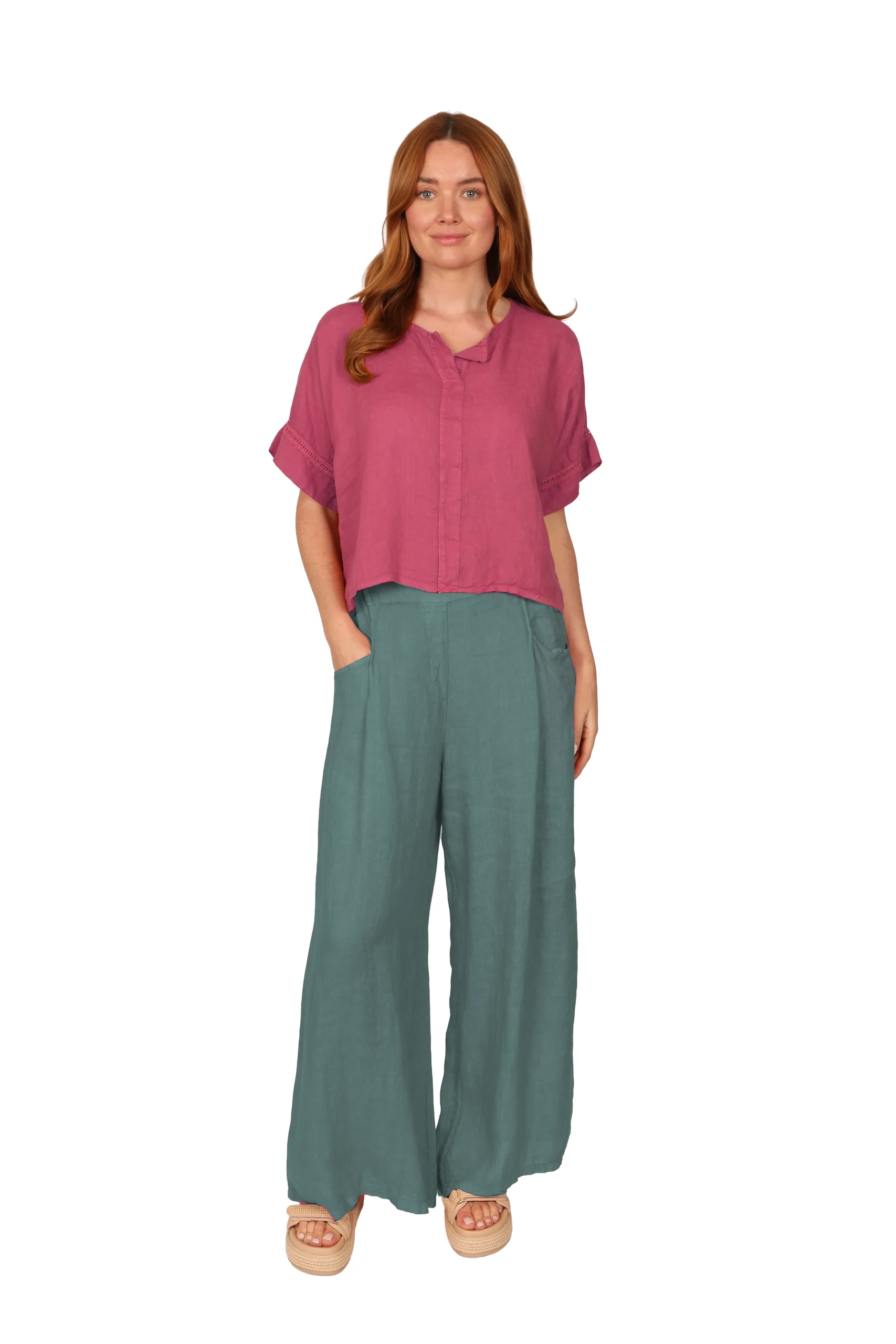 QUILL Trouser - Womens Linen Trouser in Sea Green front - made in Italy