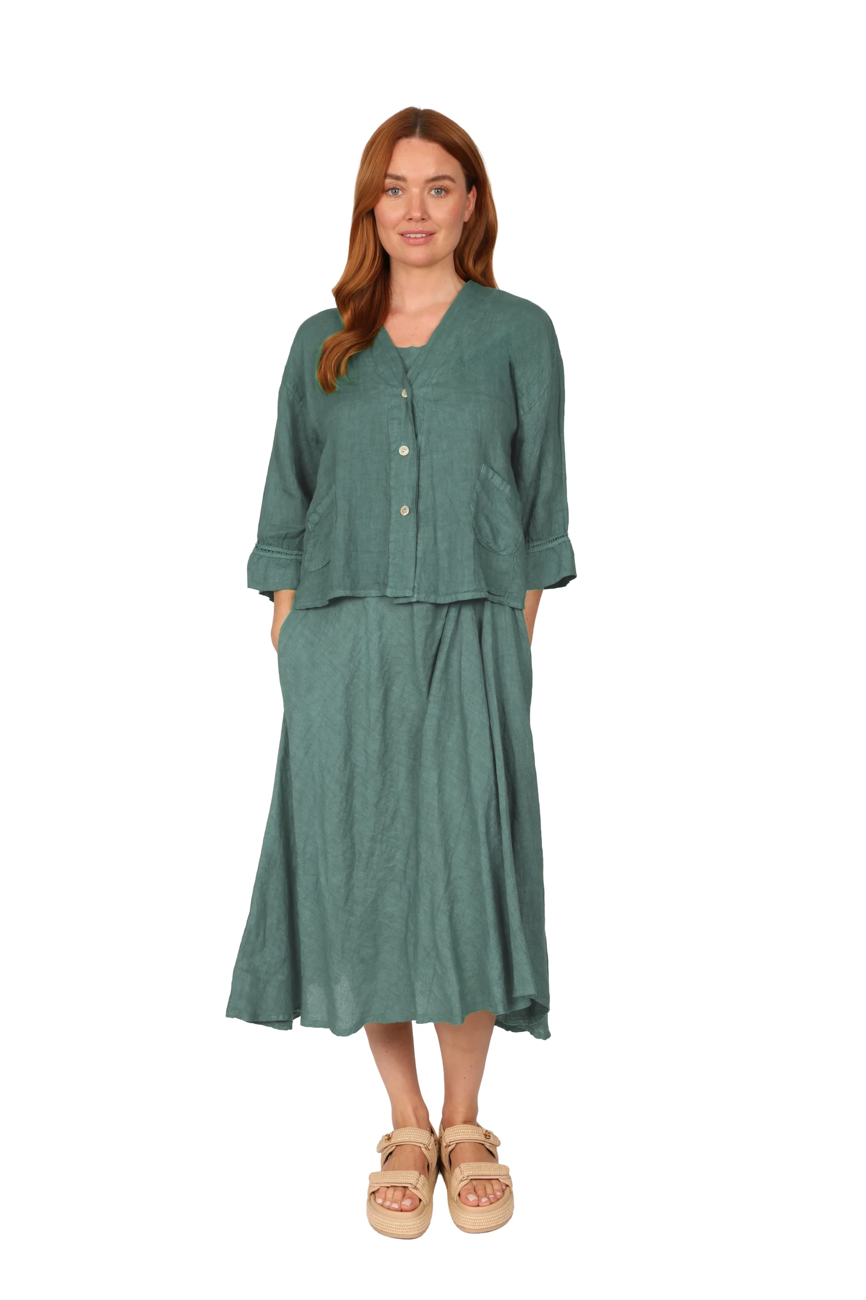 CYNTHIA Linen Jacket - Womens Linen Jacket in Deep Sea Green front - made in Italy